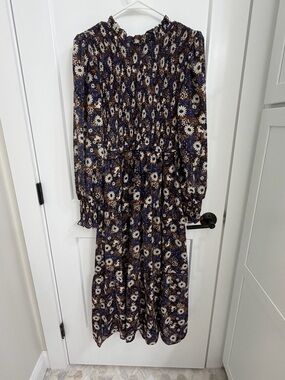 Floral Smocked Midi Dress in Navy and Brown